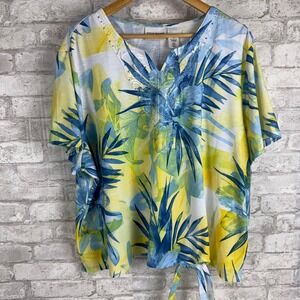 Alfred Dunner Popover Top Knit 3X‎ Vibrant Tropical Print Embellished Neckline